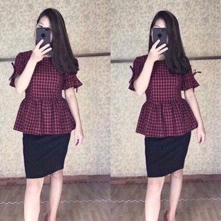 Sơmi kẻ đỏ đun dáng babydoll cực xinh