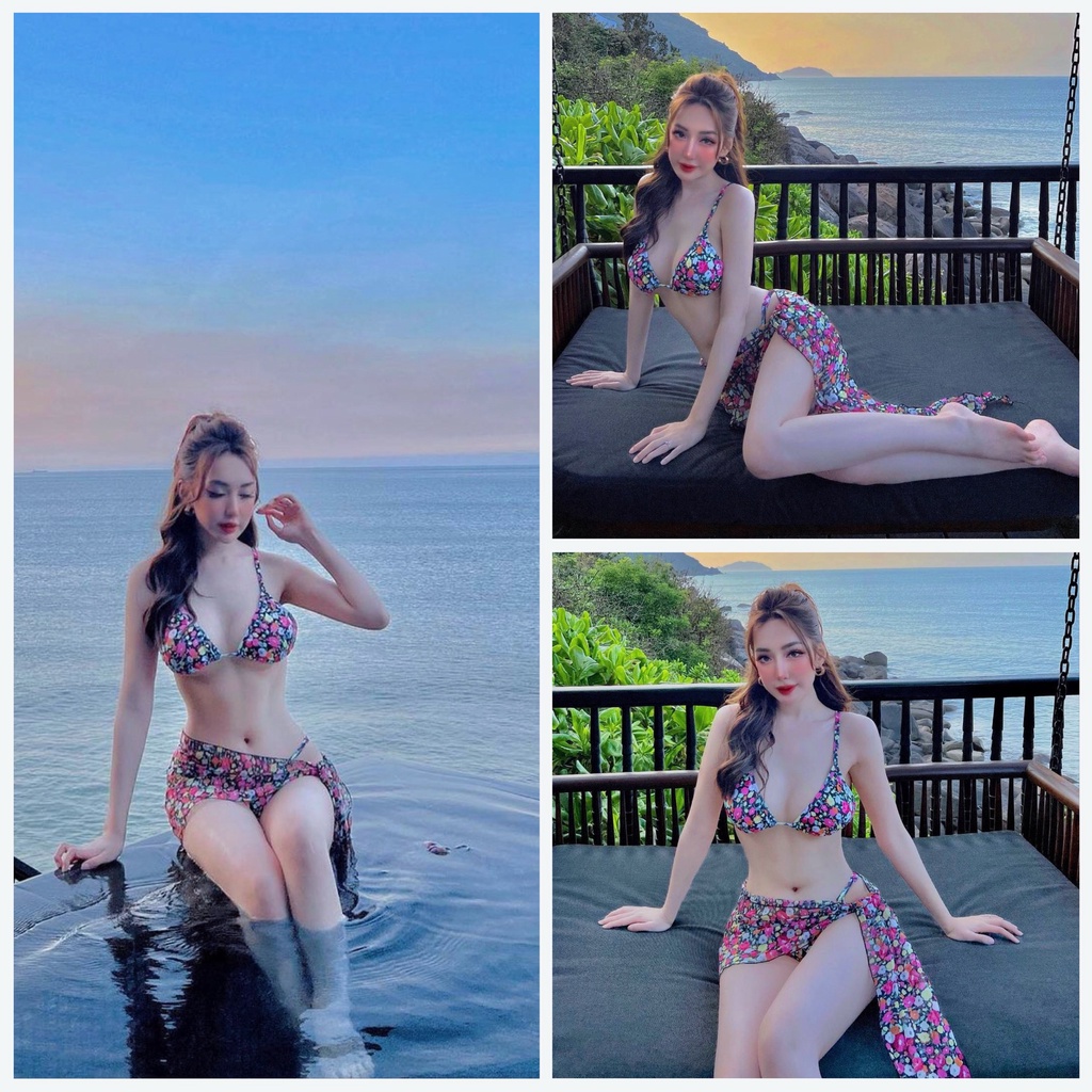 Set bikini 2 mảnh hoa nhí Mai Phương Bùi kèm khăn choàng xinh xắn R19