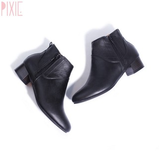 Giày Boot Thấp 3cm Cổ Ngắn 2 Dây Kéo Da Bò Thật Pixie P697