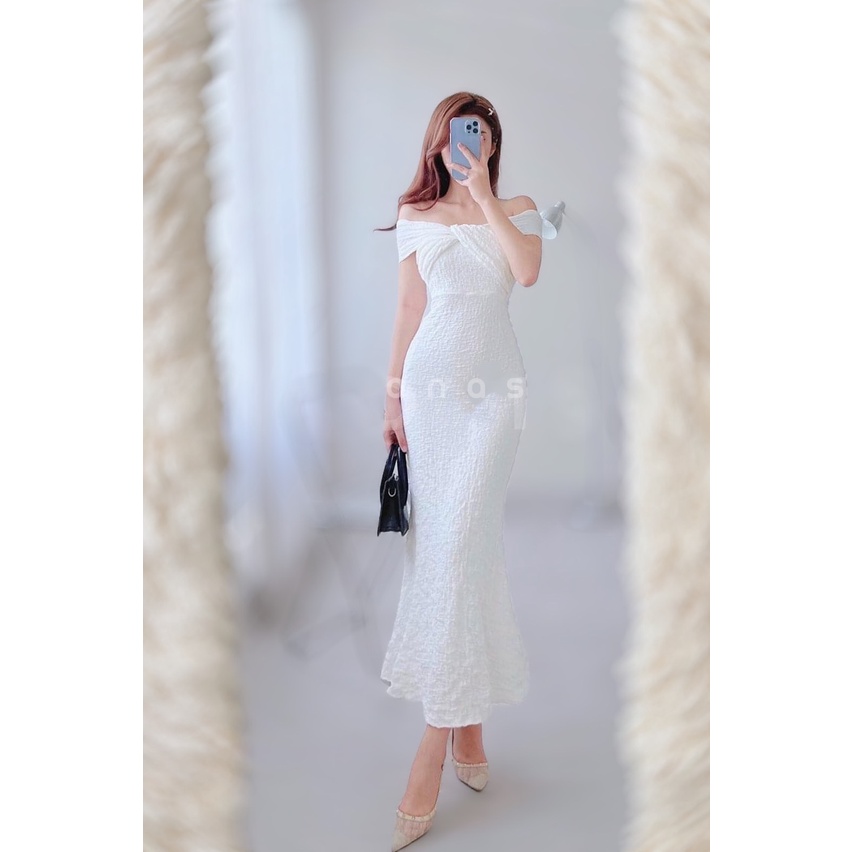 Đầm váy nữ trễ vai dáng dài xoè dự tiệc xinh sang Trắng và Đen