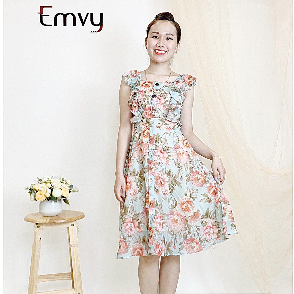 Váy Xòe hai dây, họa tiết hoa, chất Lụa Hàn ,dày dặn EMVY - V49