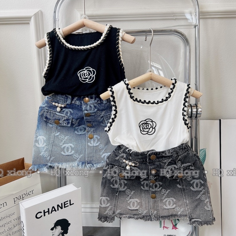 set áo len lưới và chân váy bò cao cấp cho bé gái
