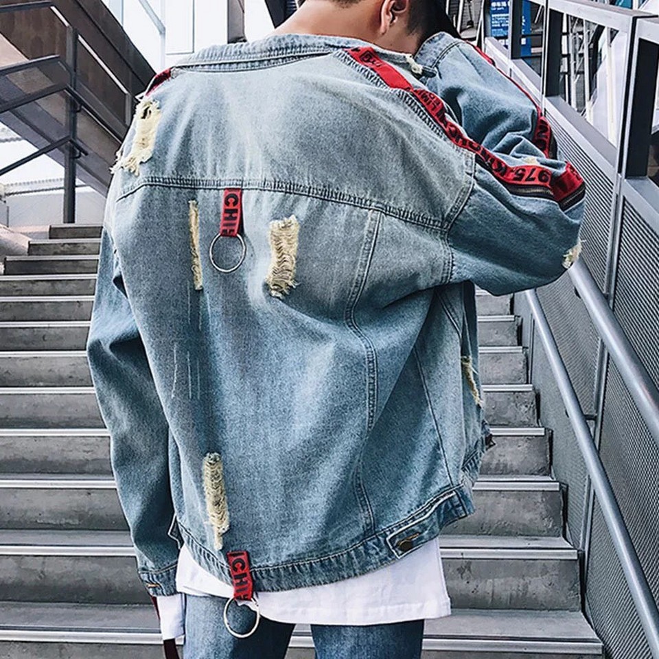 Áo khoác Jean nam sọc tay áo đỏ AKJ021 cao cấp dành cho chàng trai cá tính lớn rất đẹp và sang