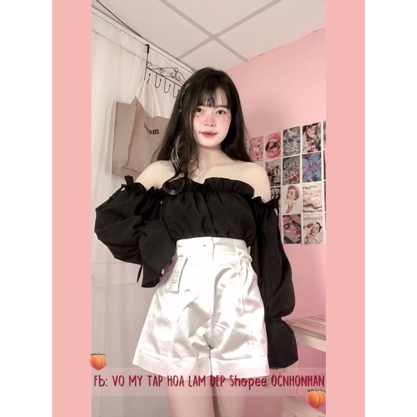 Set áo bẹt vai tay cột nơ + quần short