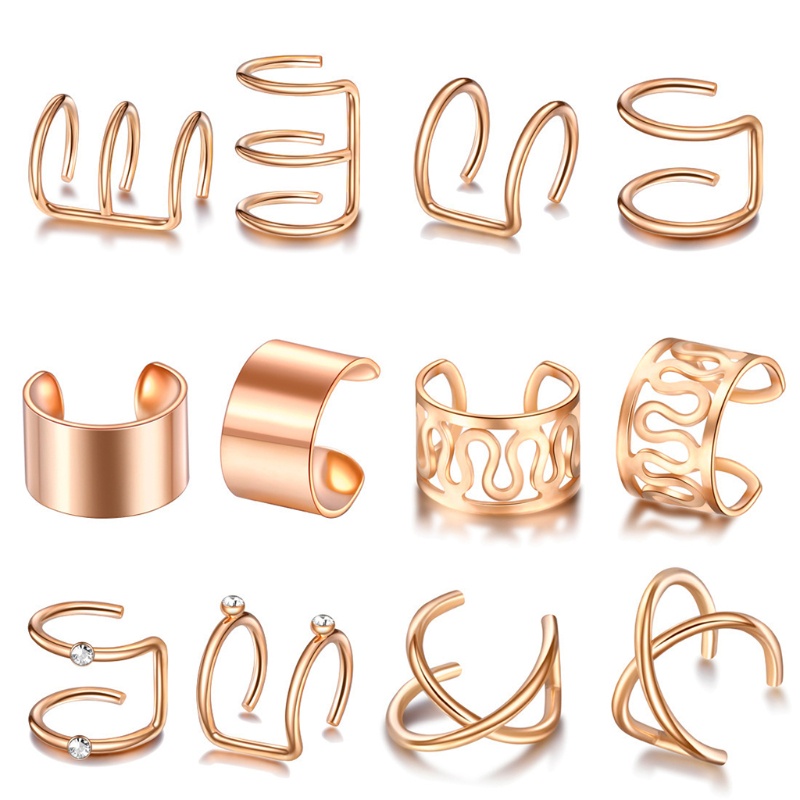 Set 12 Bông Tai Kẹp Sụn Tròn Bằng Kim Loại Màu Vàng Đơn Giản Thời Trang Cho Nữ