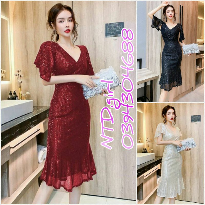 Đầm dáng ôm thun kim sa đuôi cá, váy body dự tiệc tay cánh tiên cổ tim - DTH