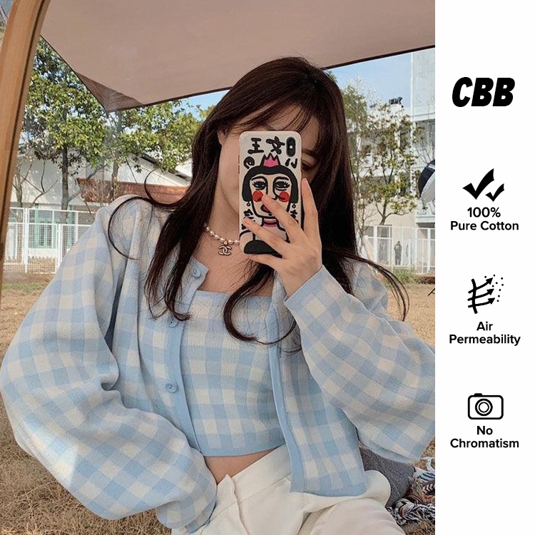 Porozi  Set áo khoác cardigan dệt kim dáng ngắn phối áo hai dây phong cách Hàn quốc xinh xắn cho nữ