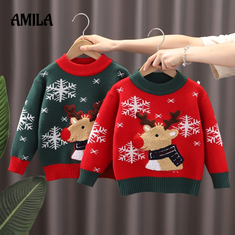 Áo sweater AMILA dệt kim mặc chui đầu họa tiết tuần lộc Giáng Sinh thời trang mới xinh xắn dành cho bé gái
