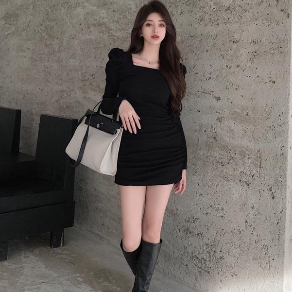Đầm Tay Phồng Cổ Vuông Thời Trang Mùa Thu Cho Nữ
