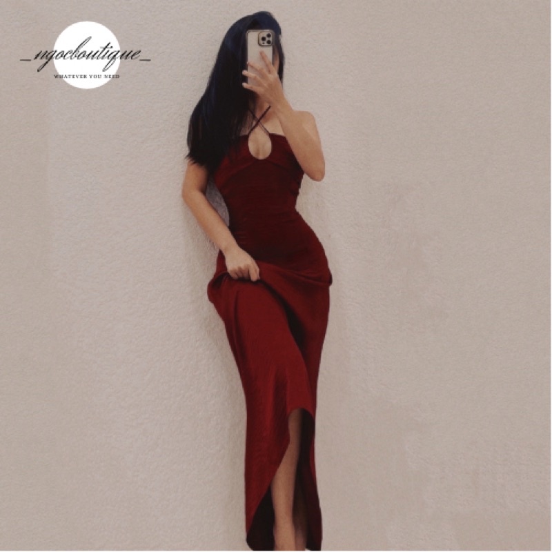 Đầm lụa cột dây, ôm body, dáng dài, phong cách sang trọng, dự tiệc