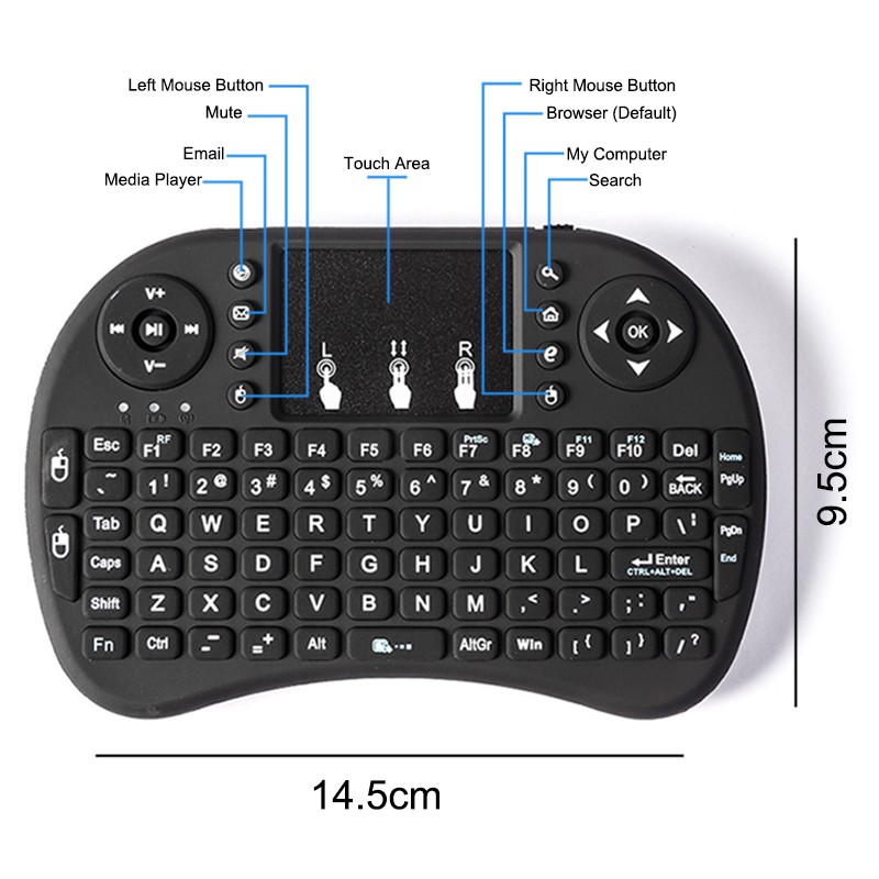 Bàn phím Bluetooth không dây i8 Mini GHz 3 màu có đèn nền và màn hình cảm ứng TV-542