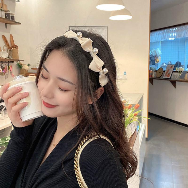 Băng đô cài tóc đính nơ phối ngọc trai nhân tạo phong cách Hàn Quốc cho nữ