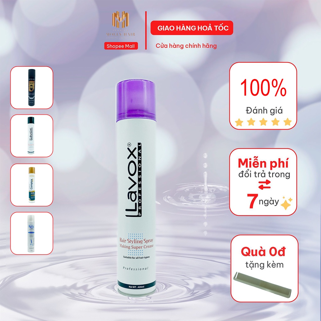 Keo xịt tóc giữ nếp nam nữ Mollyhair Kella, Nanocomplex giữ nếp 24h - 420ml