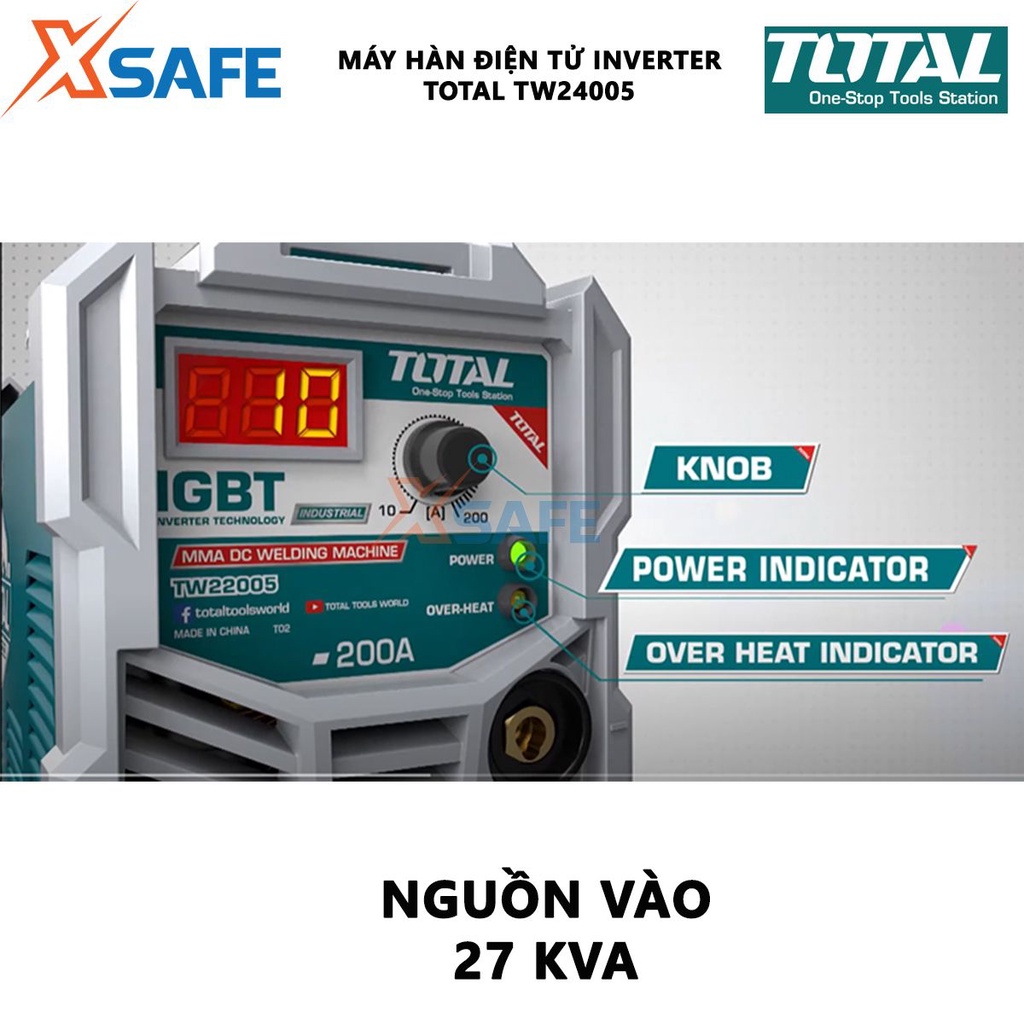 Máy hàn điện tử  TOTAL TW24005 Máy hàn điện tử Inverter MMA Nguồn vào 27 kVA  Dòng điện 20-400A  Điện cực hàn Ø1.6-6.0m