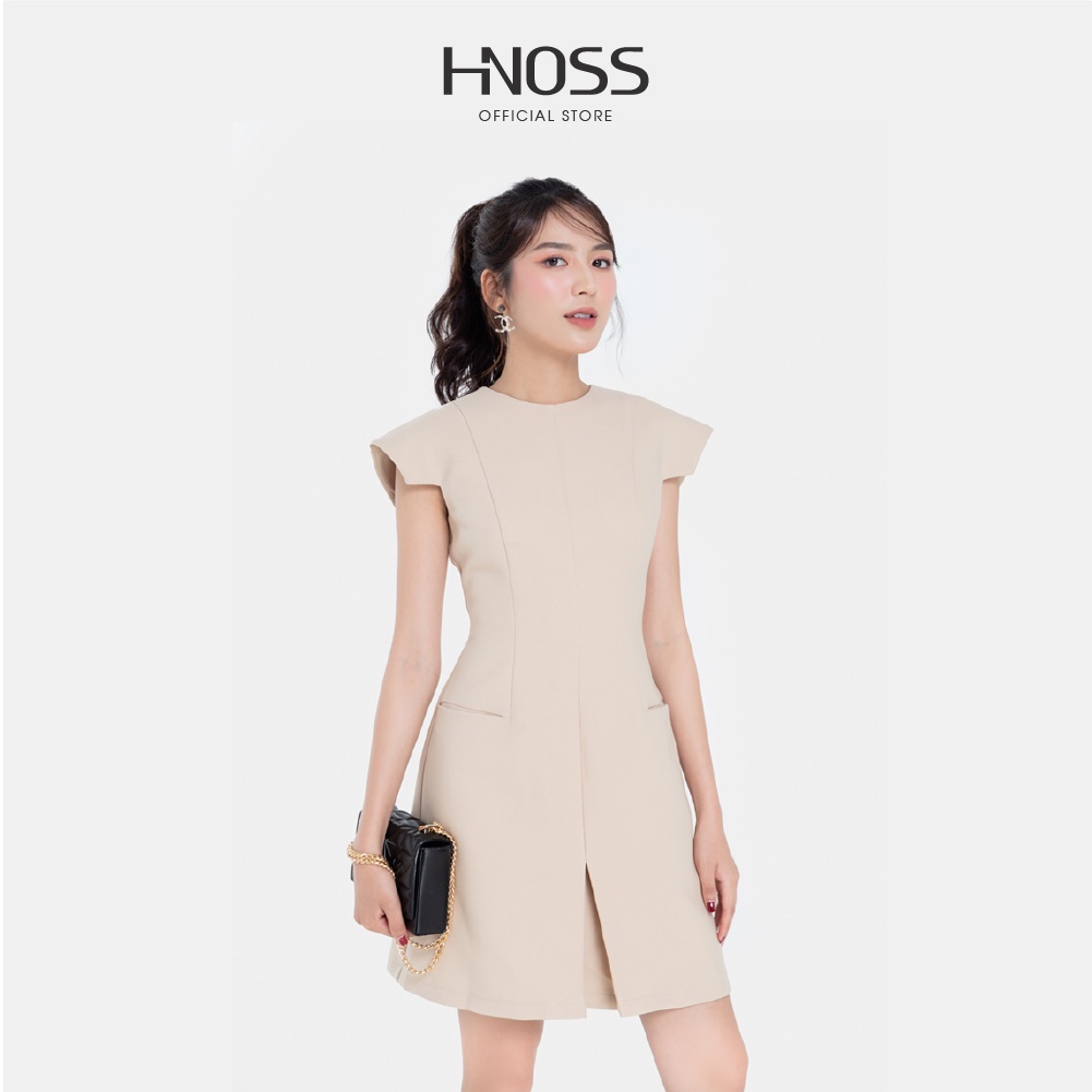 Đầm nữ trơn mini HNOSS tay ngắn vuông phối túi HNDLU020