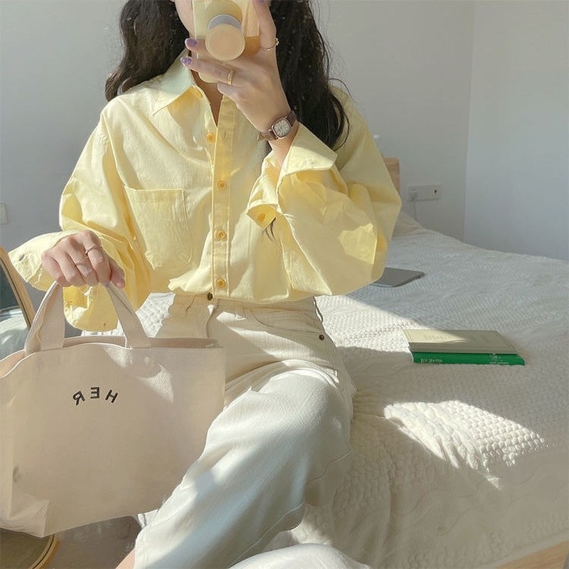 Áo Sơ Mi Nữ Tay Dài Màu Vàng Sữa Thời Trang Xuân Hè Hàng Mới Cao Cấp