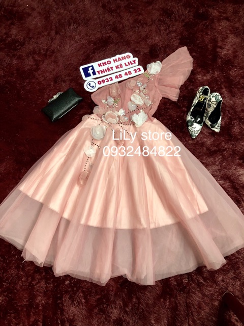 ẢNH VÀ VIDEO THẬT 10000%     Đầm xoè lệch vai hoa nổi kết cườm sang trong