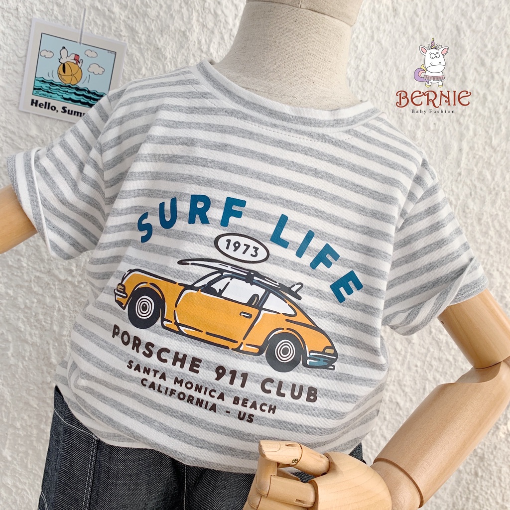 Bộ cotton hoạ tiết ô tô quần giả bò bé trai, set quần áo oto quần giả jean đẹp cho bé Bernie