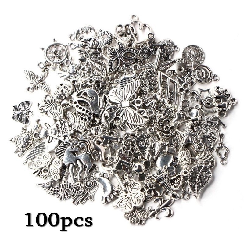 Bộ 100 hạt trang trí màu bạc phong cách Tây Tạng nhiều kiểu đa dạng dùng cho trang sức tự làm