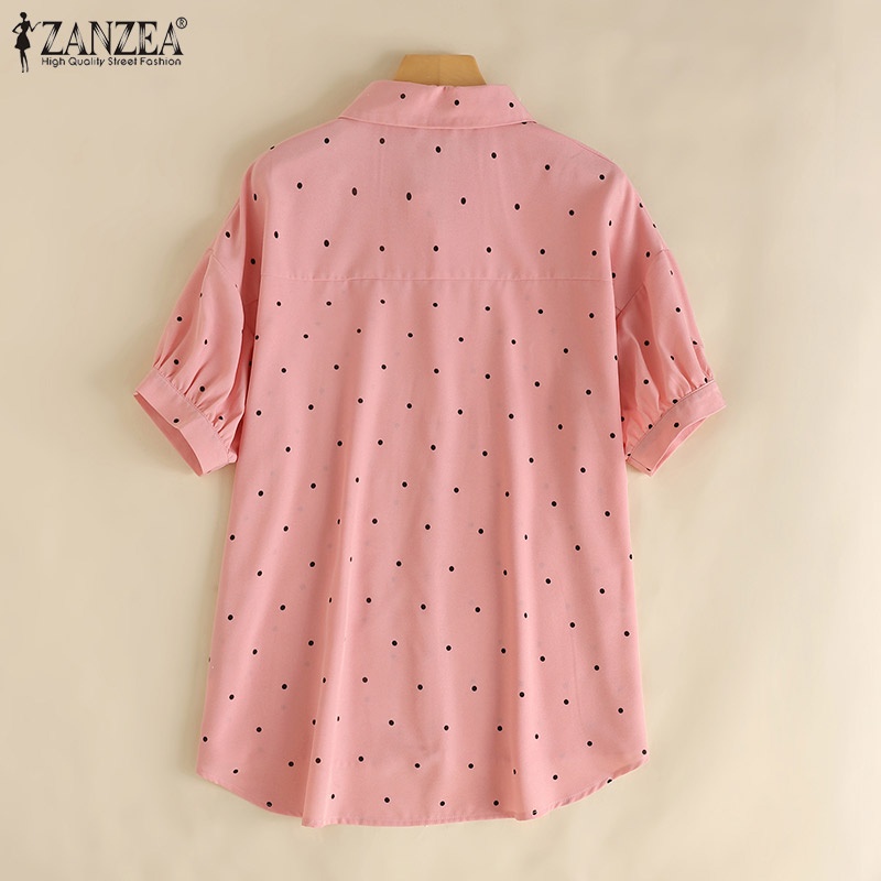 Áo sơ mi Zanzea tay ngắn cổ bẻ họa tiết chấm bi phong cách vintage dành cho nữ