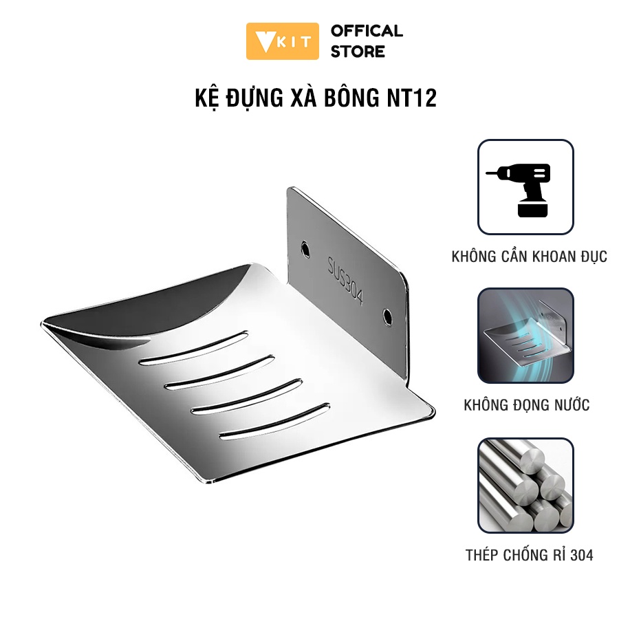 Khay giá inox để xà phòng tắm dán tường siêu chắc VKIT tặng kèm keo dán, không cần khoan đục NT12