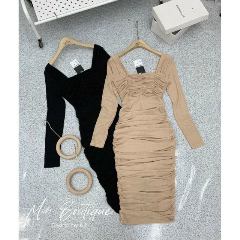 BÁN SỈ VÁY BODY LƯỚI RÚM CỔ VUÔNG 2 MÀU ĐEN NUDE CHO NỮ | BigBuy360 - bigbuy360.vn