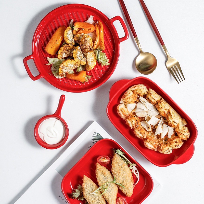 Set khay đĩa 6 món decor bàn ăn kiểu Bắc Âu (tông đỏ)