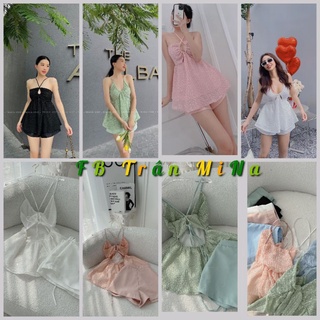 Set áo 2 dây ren bi hở cột dây lưng + short 5 màu