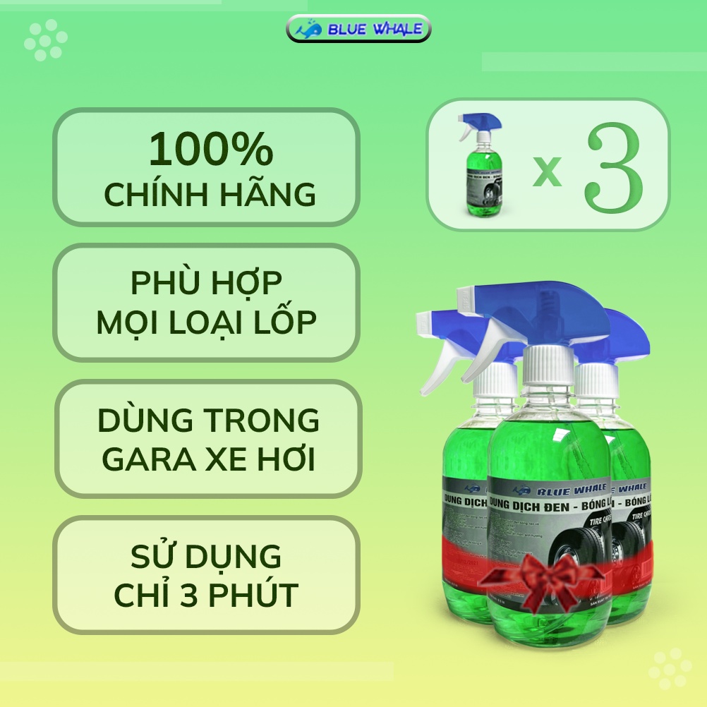 Combo 3 chai dung dịch làm đen bóng lốp BlueWhale 500ml chính hãng phù hợp với mọi loại lốp ô tô, xe máy, xe đạp điện