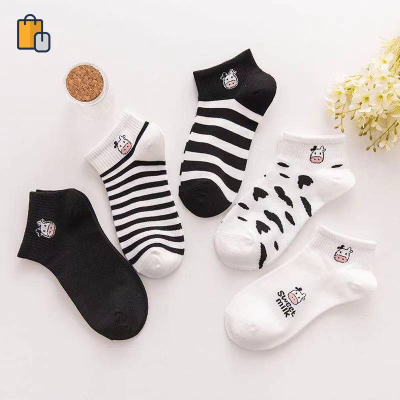 Vớ cotton ngắn co giãn in hình bò sữa dễ thương cho nam và nữ