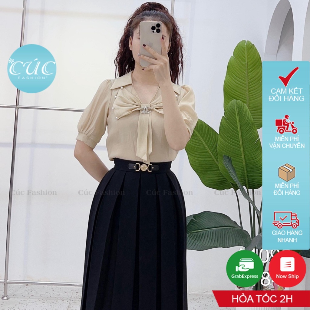 Áo sơ mi nữ CÚC FASHION somi tay ngắn cao cấp vải lụa đẹp thời trang công sở be xanh đi học nơ tơ đính đá A1090