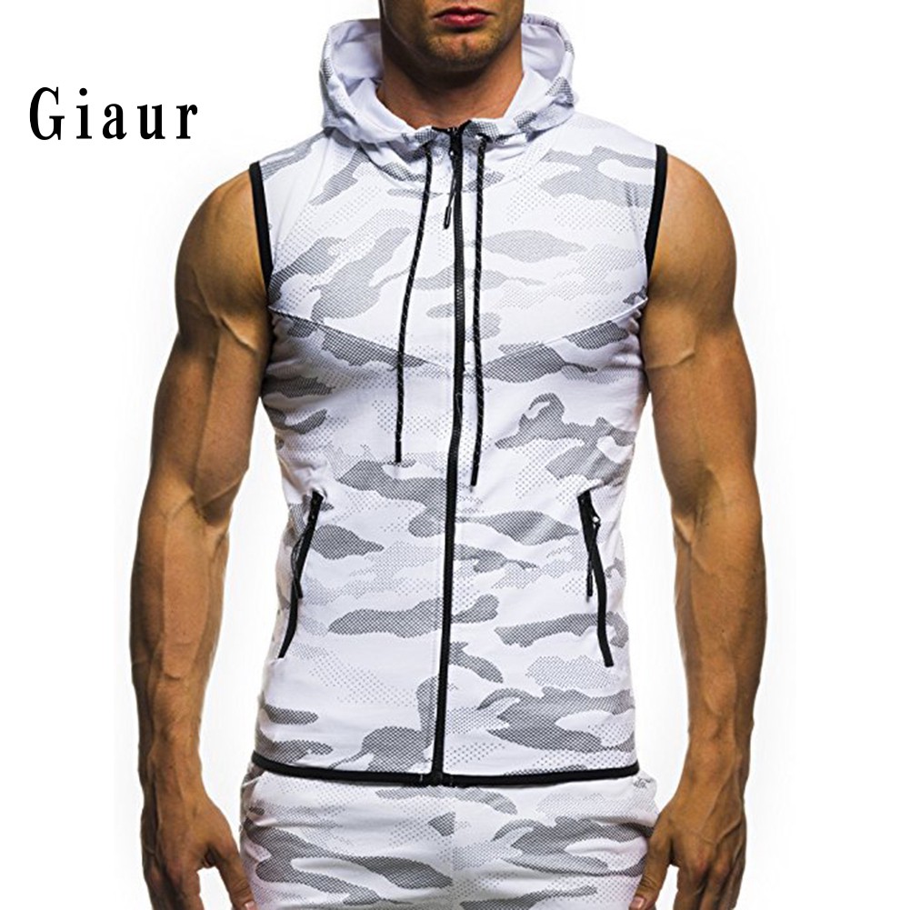 GIAUR  Summer Men Gym Fitness Camouflage Mesh Hoodies Zip Up Sleeveless Hooded Tank Top