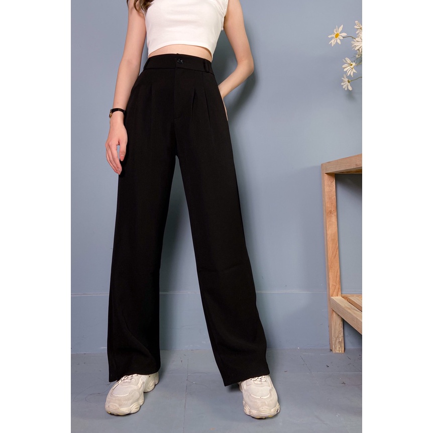 Quần ống rộng hack dáng form đứng lưng cao chất liệu cotton , quần suông ống rộng đen 1 cúc