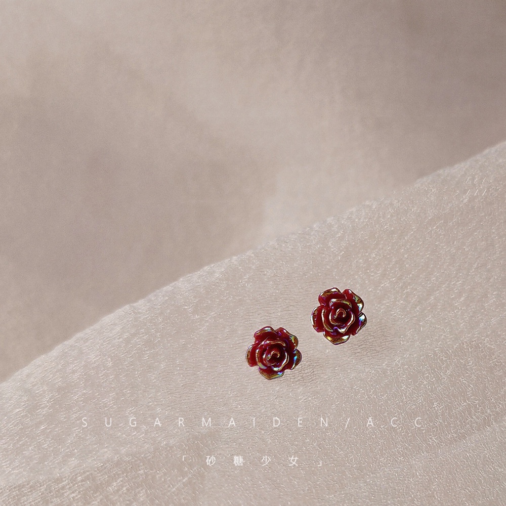 [Hoa Hồng Hoàng Tử Nhỏ] Bông Tai Bạc 925 Hình Bông Hoa Nhỏ Màu Đỏ Dành Cho Nữ