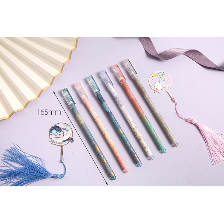 Set 6 bút bi nước kèm bookmark đánh dấu sách phong cách cổ đại retro bút học sinh sinh viên văn phòng sáng tạo nét đẹp