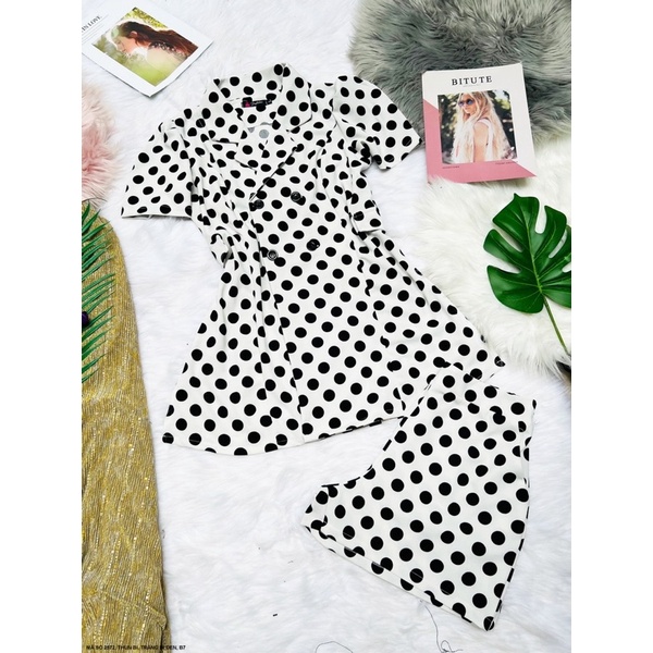 (Có bigsize) Set thun bộ áo phom dài giả vest tay phồng phối quần short chấm bi cực sang cực xinh cho bạn nữ