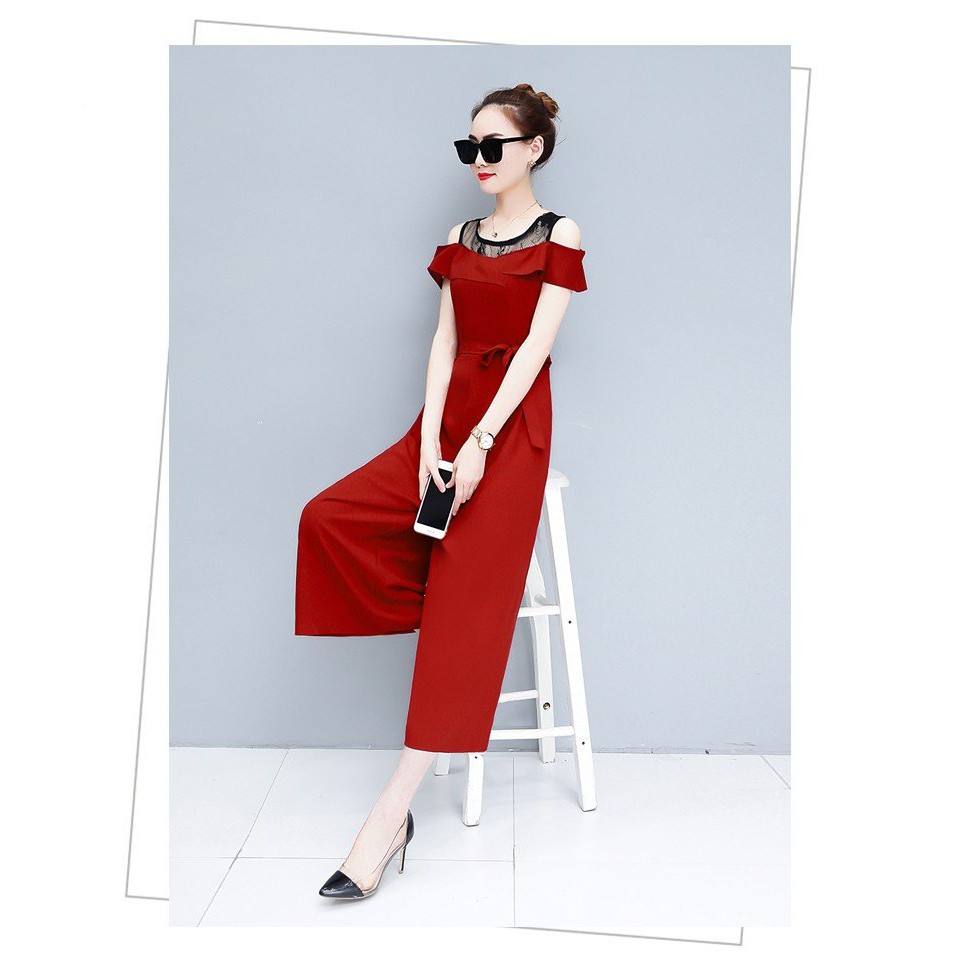 JUMSPUIT QUẦN ỐNG RỘNG PHỐI REN CỘT NƠ EO S1052