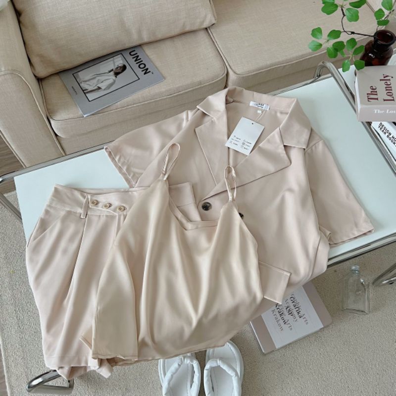 Set đồ nữ áo khoác vest 3 chi tiết kèm quần short + áo 2 dây mặc trong bảng màu vintage - Ảnh thật Yena Closet | BigBuy360 - bigbuy360.vn