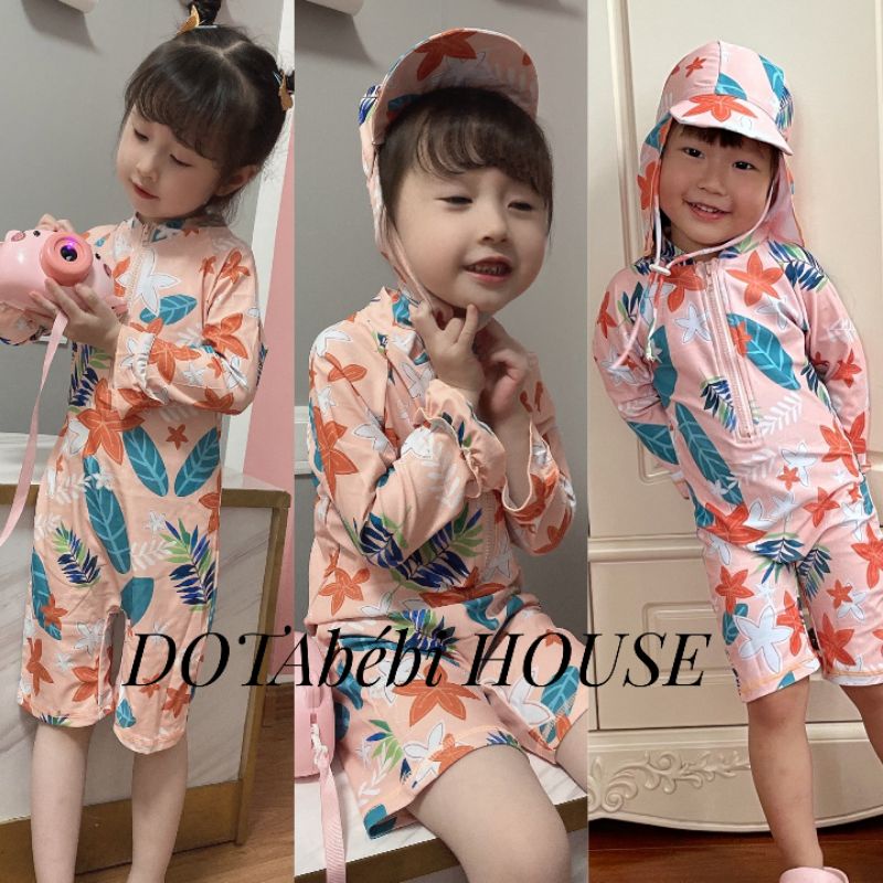 ĐỒ BƠI TAY DÀI LIỀN THÂN CÓ NÓN CHE GÁY HỌA TIẾT HOA LÁ CHO BÉ GÁI mã SW0211 - DOTAbébi HOUSE