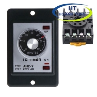 Timer cơ AH2-Y rơ le thời gian điện tử có tai điện áp 220VAC lắp mặt ngoài tủ điện tặng chân đế PF083A