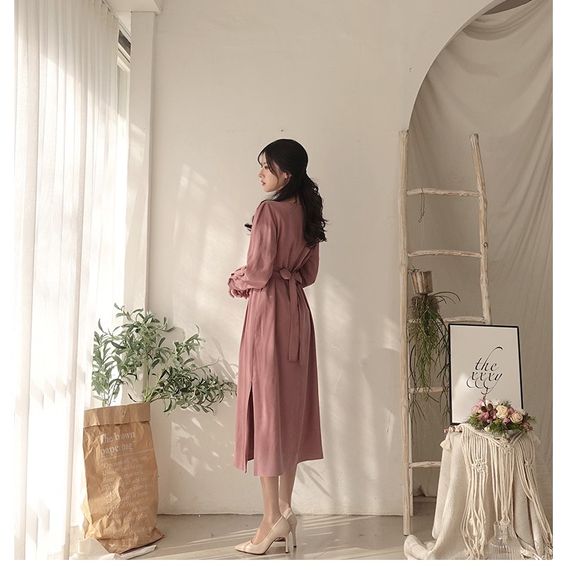 Áo đôi nam nữ FREESHIP  Set áo váy sơ mi Hàn Quốc dáng dài cổ vuông buộc eo màu be HQ COUPLE AV73 (có ảnh thật)
