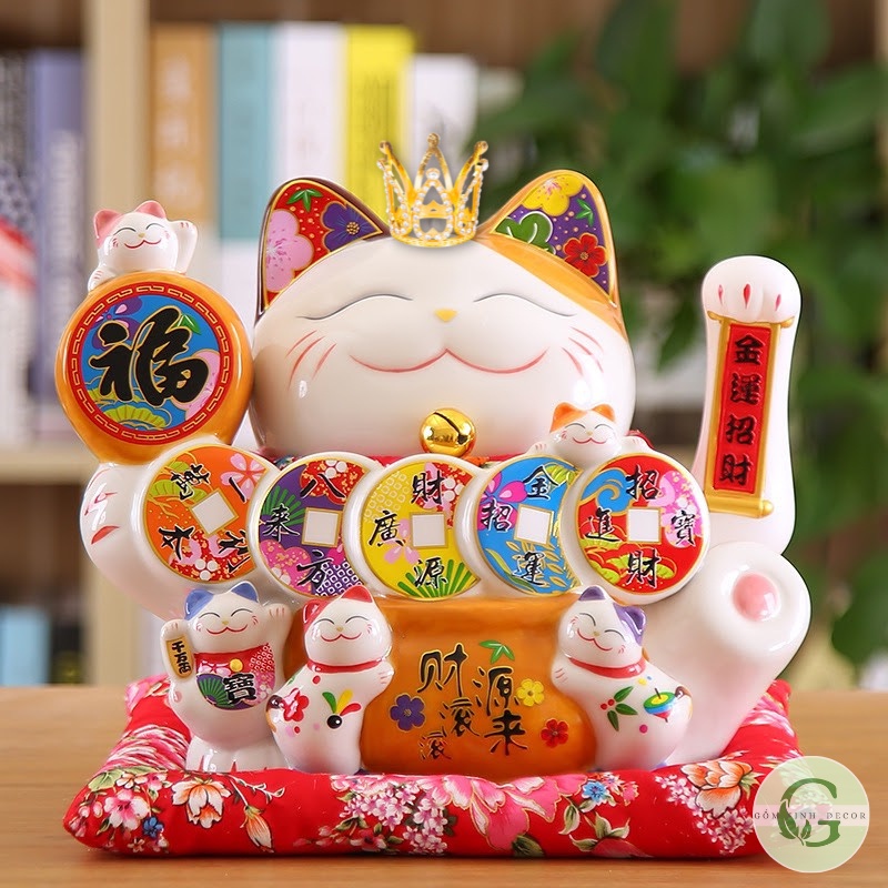 Mèo Thần Tài Mèo Vẫy Tay Mèo Đế Vương Chiêu Tài Lộc Phong Thủy Gốm Sứ Cao Cấp 25cm