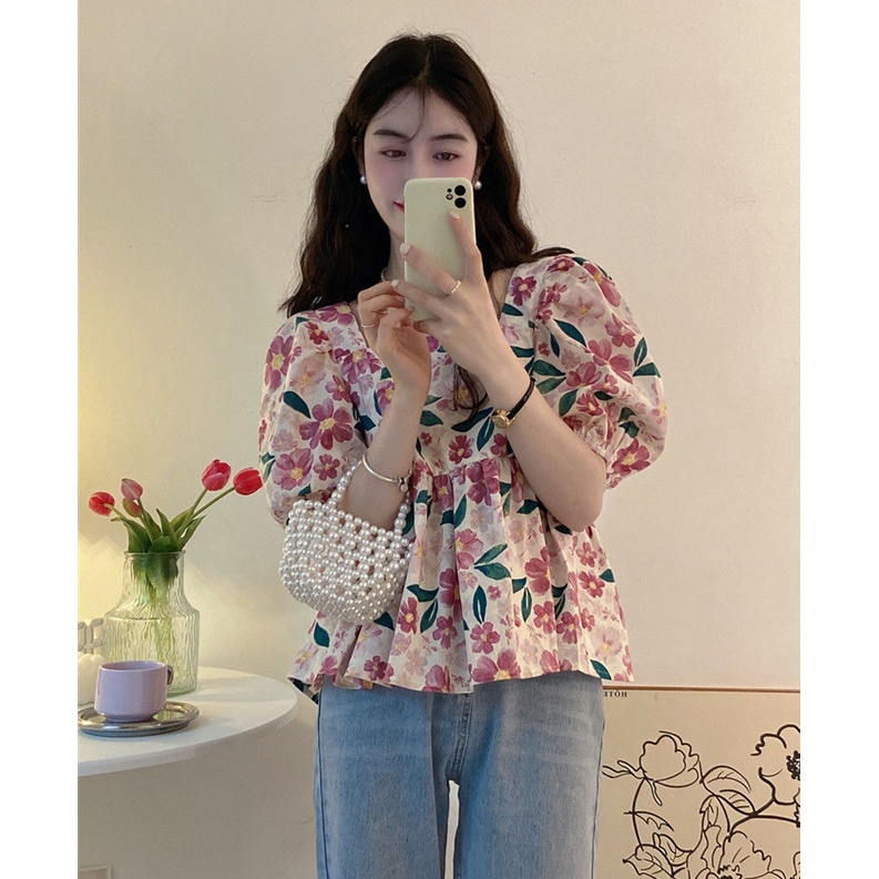 Áo Sơ Mi Cổ Vuông Họa Tiết Hoa Thời Trang Mùa Hè Dễ Thương Cho Nữ