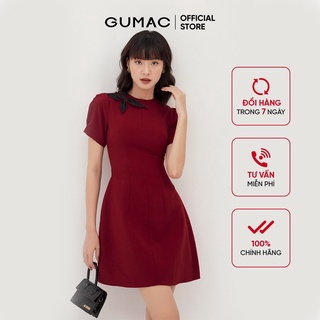 Đầm ôm nữ phối nơ đen GUMAC màu đỏ, đủ size, sang trọng, thanh lịch DB3104