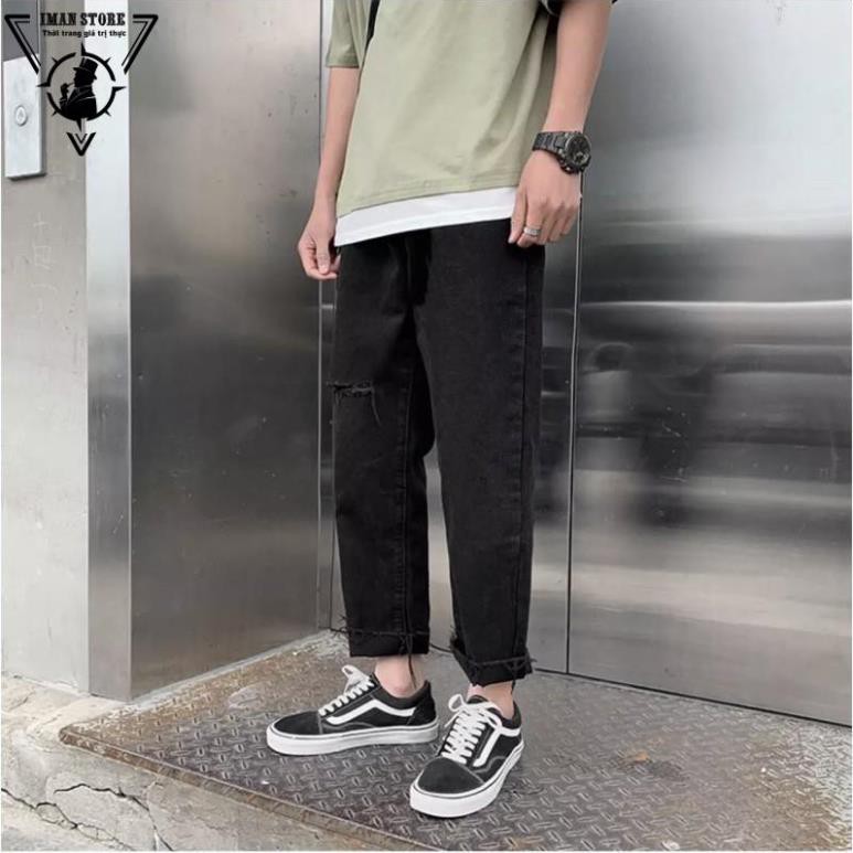 Quần Jean Baggy nam đen+ xanh sky rách gấu+ rách gối style hàn quốc 2022
