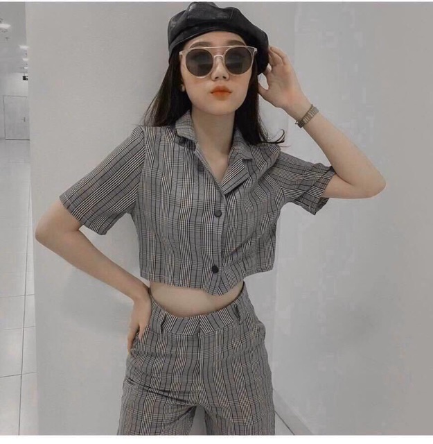 Sét bộ kate thái sọc kẻ phối áo cổ ves croptop