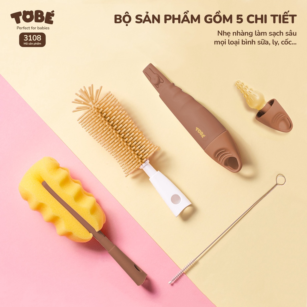 Bộ cọ bình sữa Silicone tobe 5 chi tiết cao cấp đa năng siêu bền bỉ thuận tiện cho mẹ, tiện lợi cho bé yêu 3108
