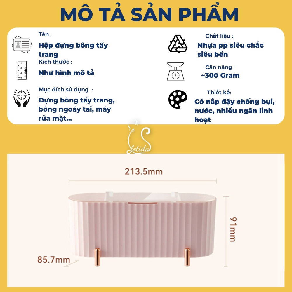 Hộp đựng bông tẩy trang 3 ngăn tiện ích, hộp đựng cọ trang điểm khay đựng bông tẩy trang đơn giản,sang trọng LOTIDA