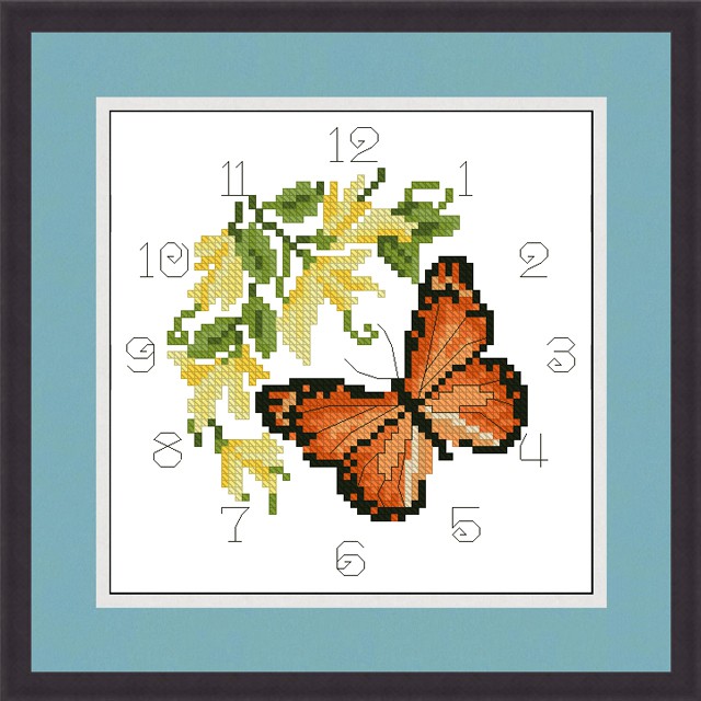 Tranh thêu chữ thập đồng hồ - bộ hoa và bướm - in trên vải