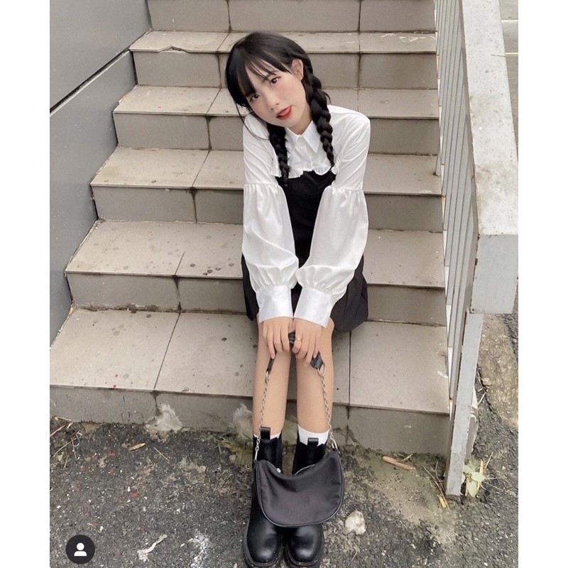 (CLIP THẬT) Đầm 2 dây phối áo croptop sơ mi tay bồng | BigBuy360 - bigbuy360.vn